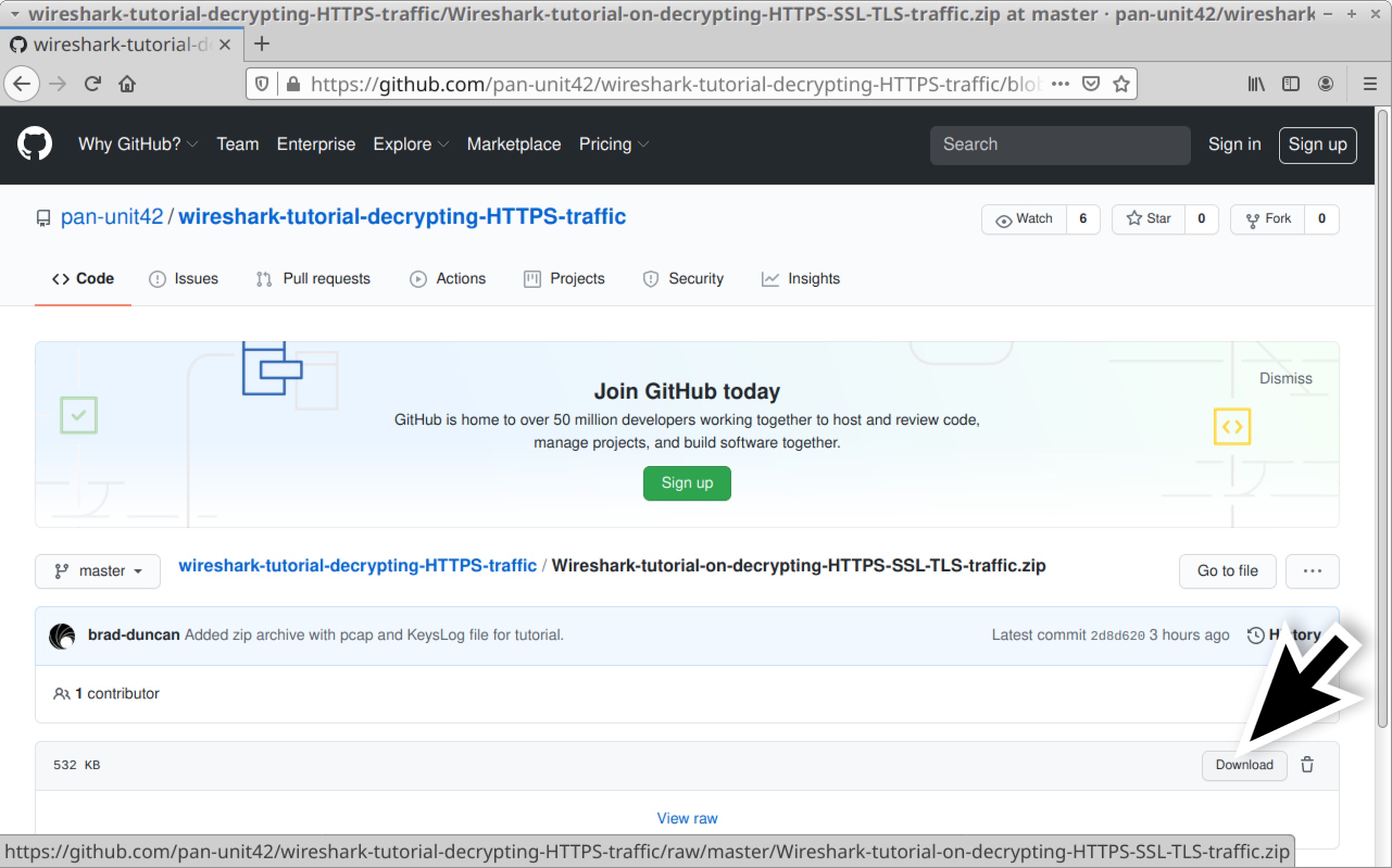 pan-unit42/wireshark-tutorial-decrypting-HTTPS-traffic のスクリーンショット。チュートリアルに使うZIPファイルをGitHubからダウンロードする手順を示している