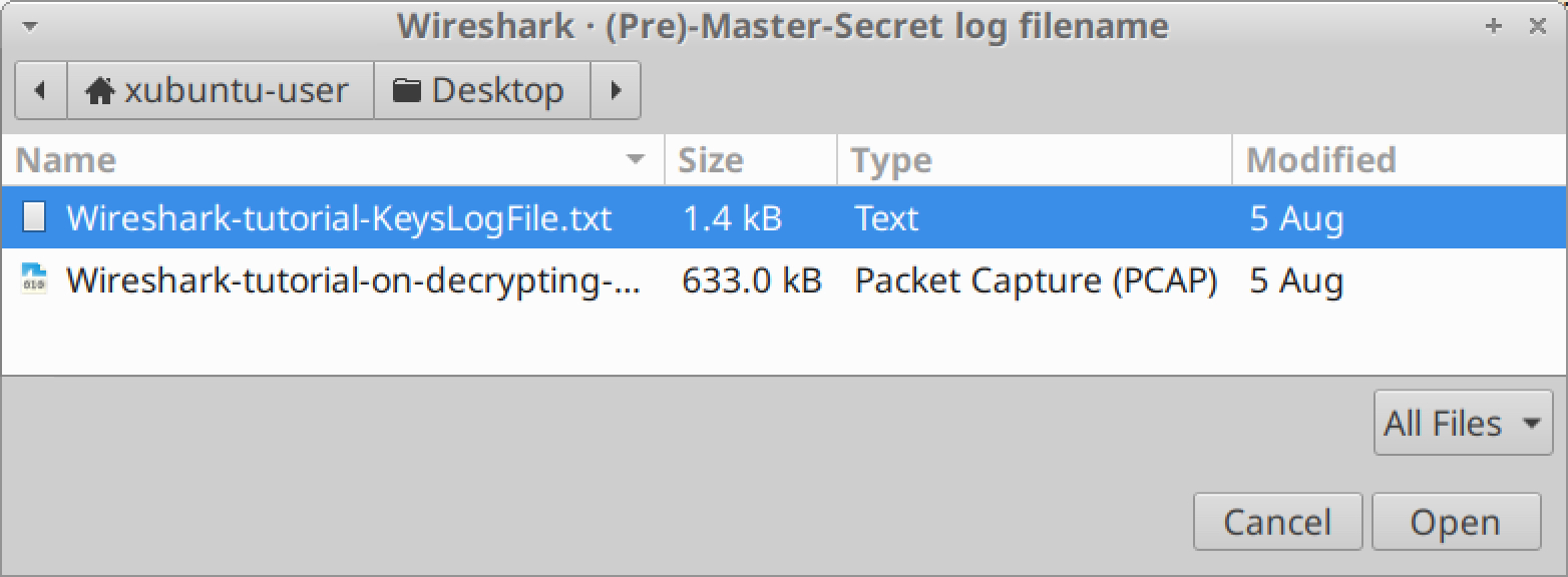 To proceed with the tutorial on decrypting HTTPS traffic, select our key log file named Wireshark-tutorial-KeysLogFile.txt after clicking the "Browse" button.