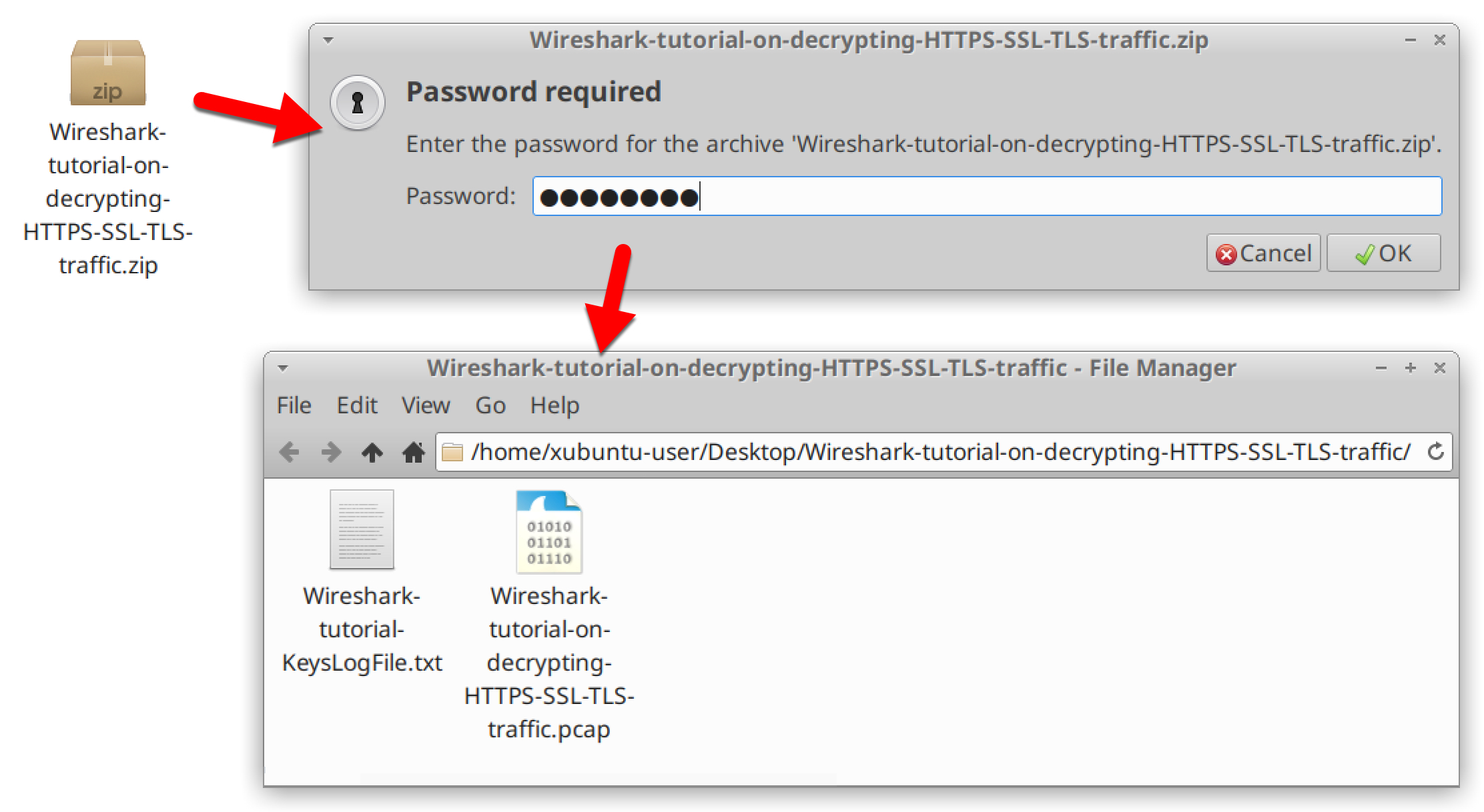 Wireshark-tutorial-on-decrypting-HTTPS-SSL-TLS-traffic.zip - These screenshots show how to unzip the ZIP archive used for this tutorial on decrypting HTTPS traffic.