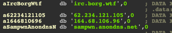 Once gaining an initial foothold into a container, the malware may establish an IRC channel back to the C2. The IRC servers are hardcoded in the ziggy binary.