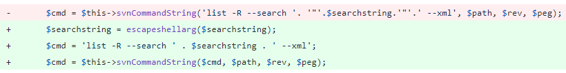 検索クエリに特殊文字が含まれていてもコードの実行が可能にならないよう、escapeshellargでユーザーの入力をサニタイズしてから他のコマンド引数に連結するようにコードが変更することで、脆弱性が修正されている