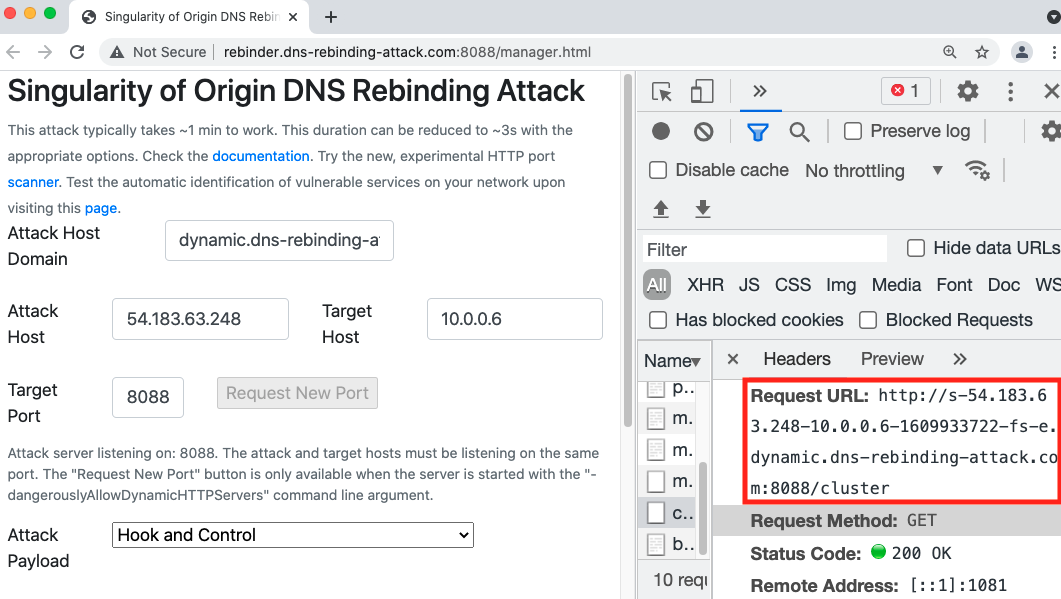 ここに示したように、リバインディングリクエストは攻撃者のWebサイトによって被害者のブラウザ上でトリガーされる。