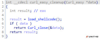 A screenshot of the modified curl_easy_cleanup export function showing 9 lines of code with int __cdel curl_easy_cleanup(Curl_easy *data) highlighted.