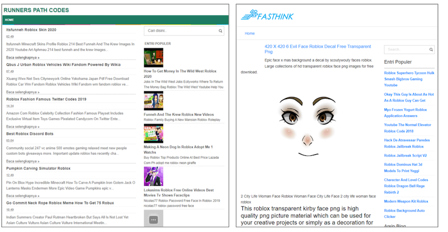 画像8は2枚のスクリーンショットを並べたものです。これらのスクリーンショットは、無料のRobux(Robloxにおける仮想通貨)をうたう詐欺ブログの例です。左はRunners Path Codesのページ、右はFasthinkのページです。どちらのページも自動生成されたコンテンツを含んでいるようです。