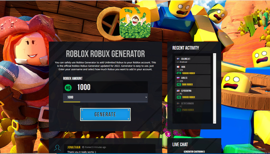 画像9は、無料Robuxを宣伝するページのスクリーンショットで、「Roblox robux generator (RobloxのRobux仮想通貨生成ツール)」という見出し文と生成用ボタンが表示されています。