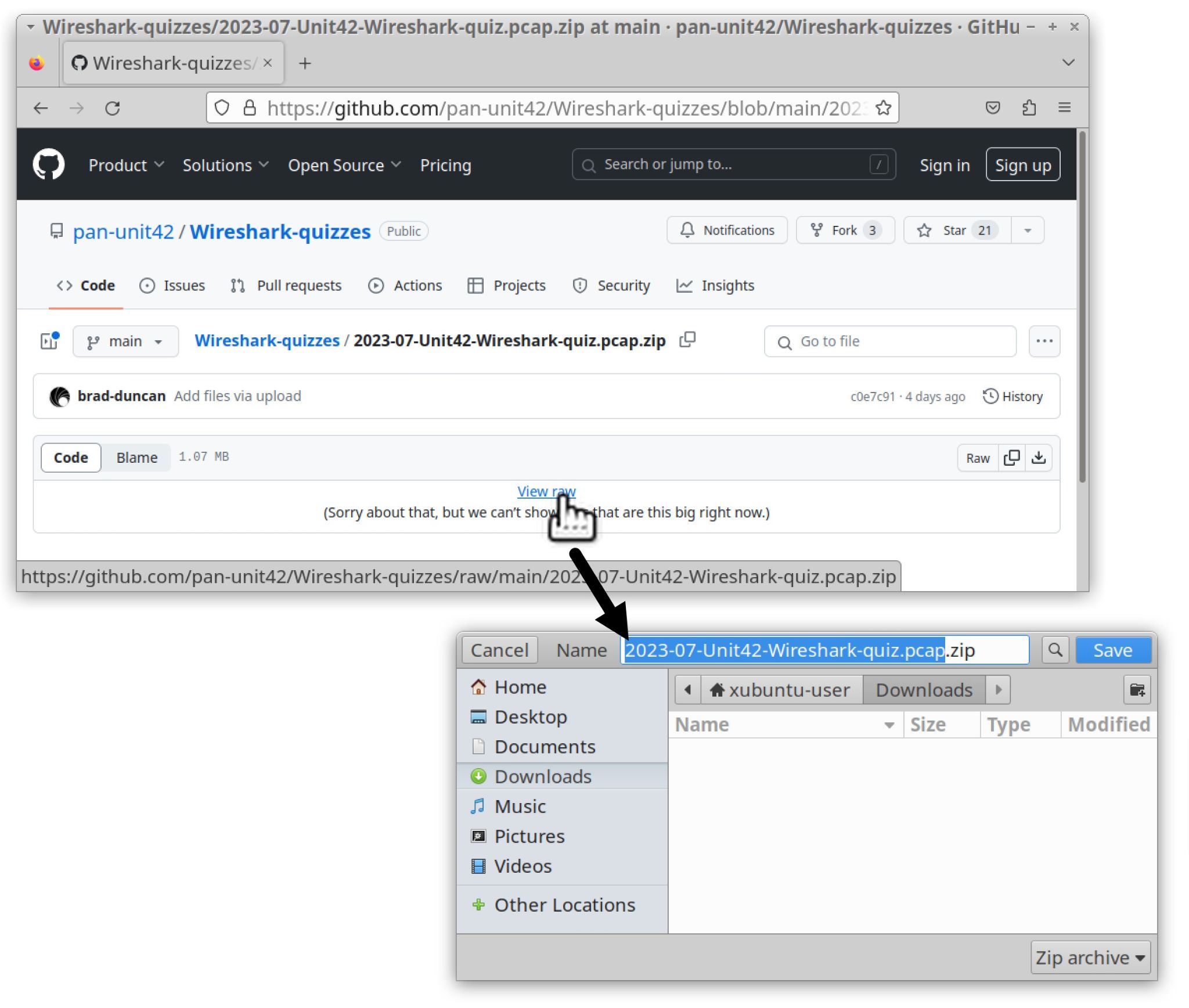 Image 2 is a screenshot of how to download the zip file of material for the quiz. After clicking the “View raw” link on the GitHub page, this will prompt a download of the zip archive.