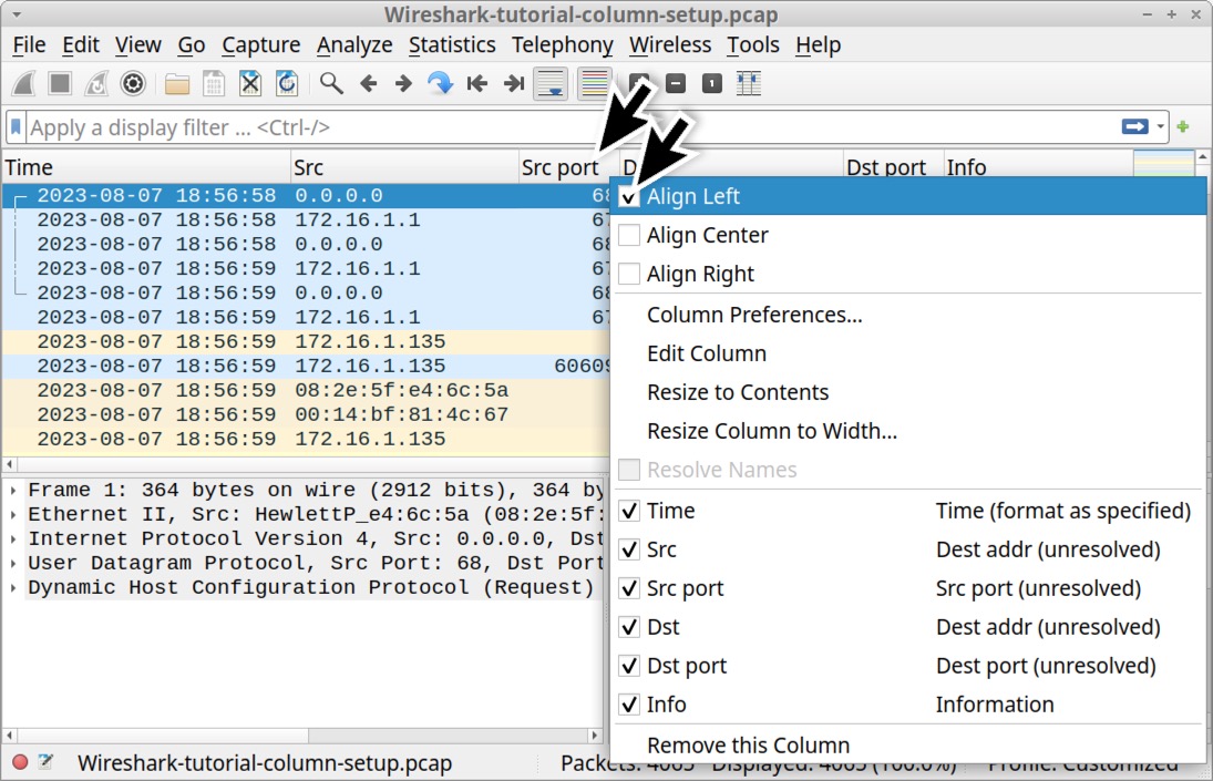 Image 22 is a Wireshark screenshot showing how to align the new columns to the left. By right-clicking on the column header, Align Left can be selected from the menu.
