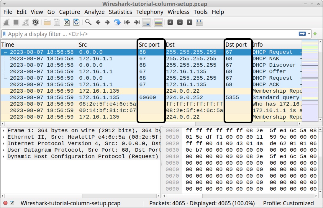 Image 23 is a Wireshark screenshot. Two black rectangles indicate how the source port and the destination port columns are now both aligned left.