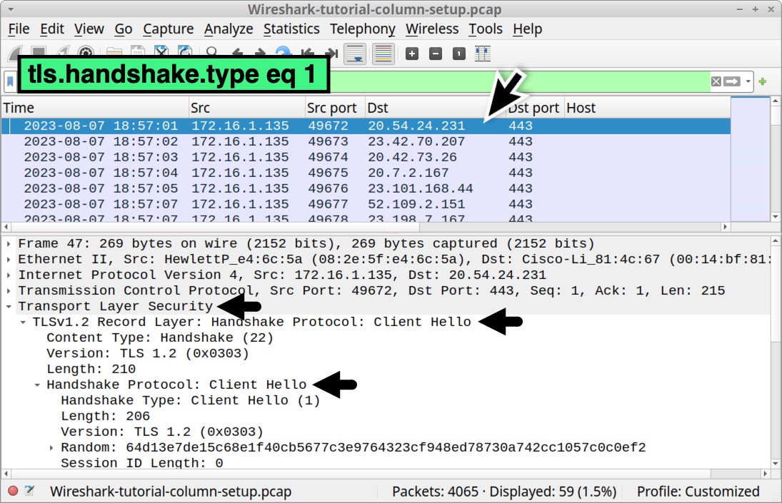 Image 27 is a Wireshark screenshot. A black arrow indicates one line has been selected. three black arrows in the lower pane indicate the details from that line. These include Transport Layer Security, the TLSv1.2 Record Layer, and the Handshake Protocol. The filter used is tls.handshake.type. eq 1.