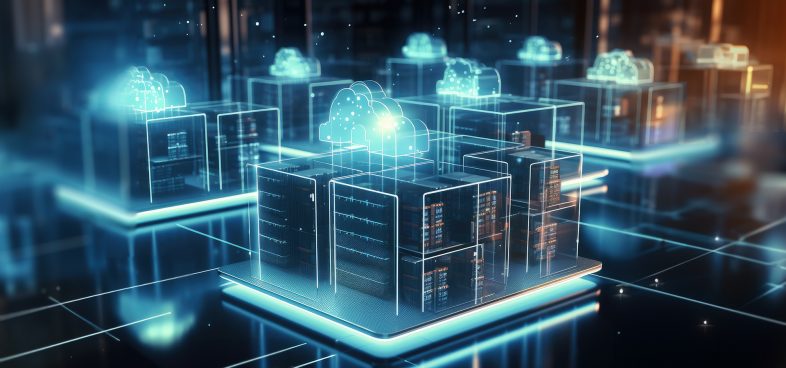 Conceptual illustration of a digital data center with glowing blue networks and holographic clouds above server racks, representing cloud computing infrastructure and data storage.