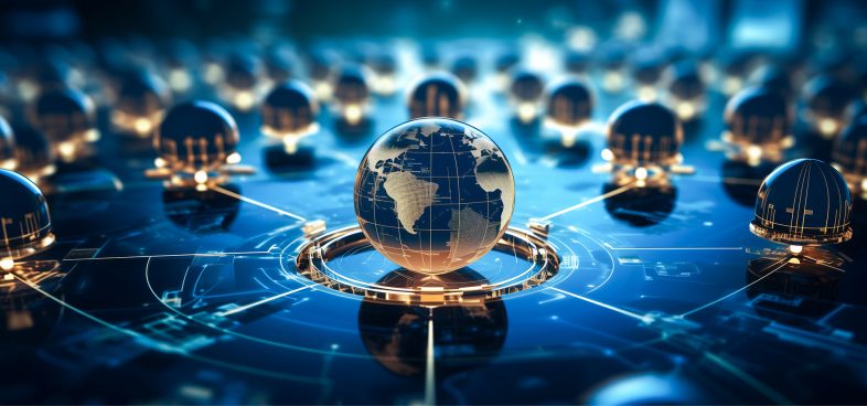 A digital representation of a networked globe centered on South America, surrounded by glowing nodes connected by lines, symbolizing global connectivity and information technology.