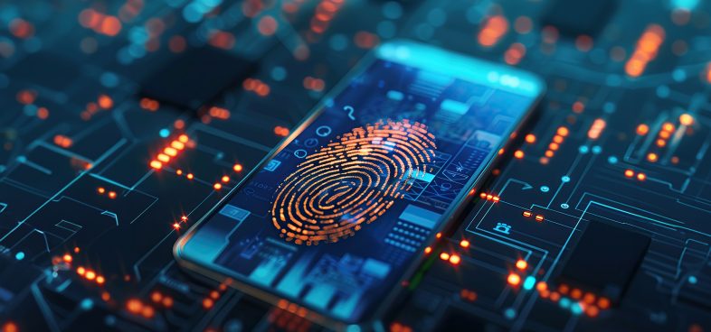 A smartphone displaying a digital fingerprint overlay, symbolizing advanced biometric security technology, rests on a circuit board with illuminated pathways to highlight cutting-edge digital security solutions.