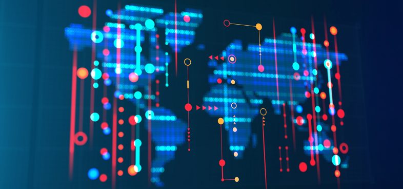 Abstract digital image displaying a blue background with a glowing, interconnected network of lines and dots forming a stylized world map. The design emphasizes global connectivity and technology.