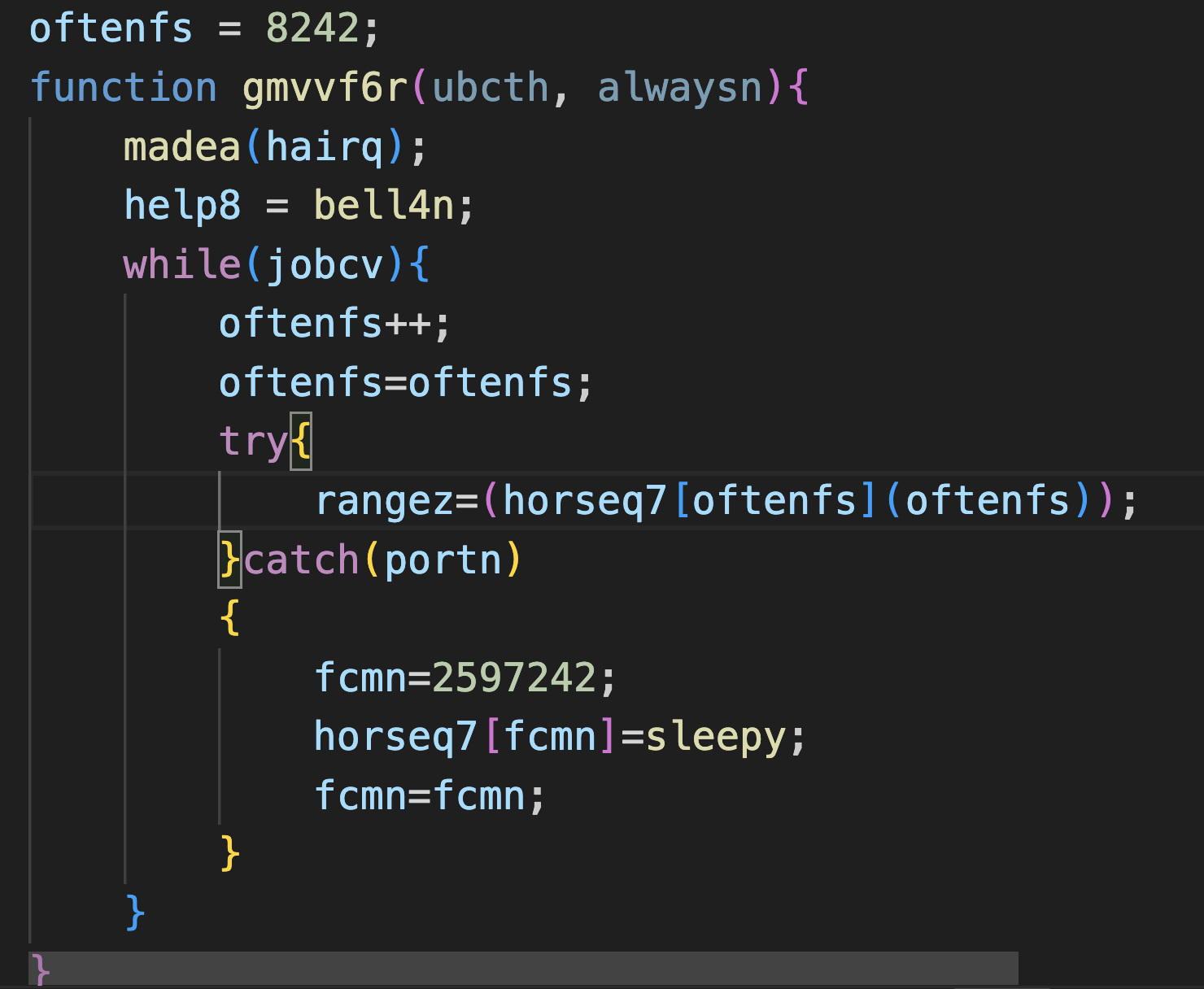 これはダーク テーマの IDE でコード スニペットを表示しているコンピューター画面のスクリーンショットです。このコードには、紫、青、オレンジなどさまざまな色で表示された関数や変数が含まれています。