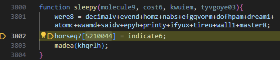 この IDE のコードのスクリーンショットには奇妙な変数名を持つ「sleepy」という名前の関数が表示されています。3802 行目には、電球の絵文字つきでコード行 (horseq(5210044); = indicate6;') が強調表示されています。
