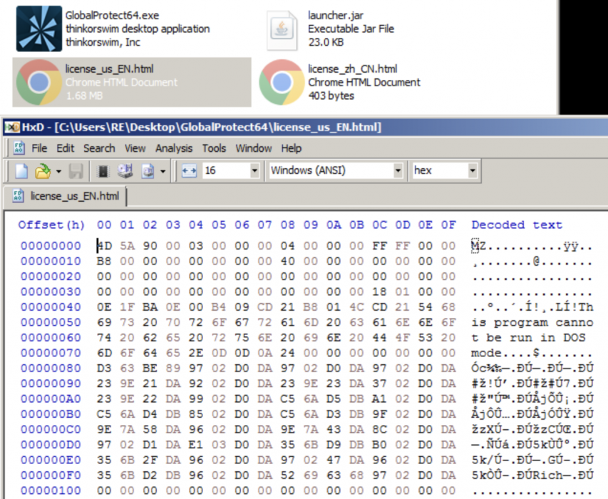 Screenshot of a computer screen displaying a hexadecimal view of files. The selected file is Selected is license_us_EN.html. Also in view is "GlobalProtect64.exe" and "launcher.jar", with decoded text showing HTML and programming code elements.
