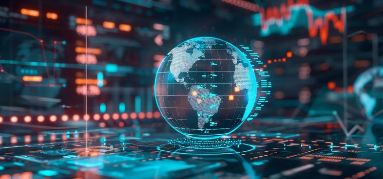 A pictorial representation of a campaign like BeaverTail. Digital globe with interconnected network lines and data streams on a futuristic interface, symbolizing global connectivity and information technology advancements.