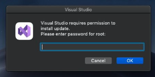 A notification spoofing Visual Studio requiring permission to install an update, asking for the root password with a text entry field, and 'Cancel' and 'OK' buttons.