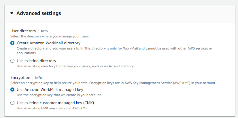 Screenshot of the Advanced Settings menu for Amazon WorkMail, featuring options for user directory selection and encryption settings including the use of Amazon Key Management Service (KMS) for encryption.