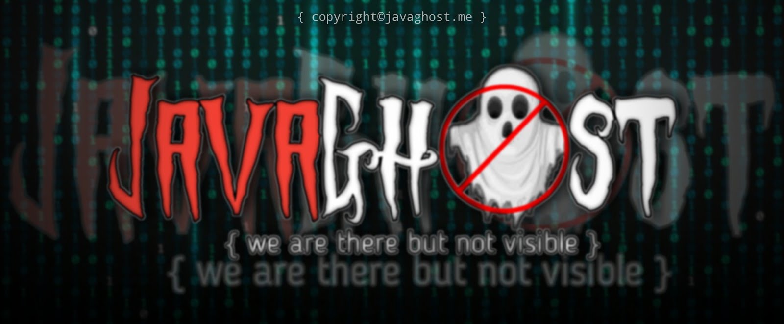 Digital banner for JavaGhost website featuring a ghostly logo with the red prohibited symbol over it, with the tagline "we are there but not visible" set against a green binary code background.