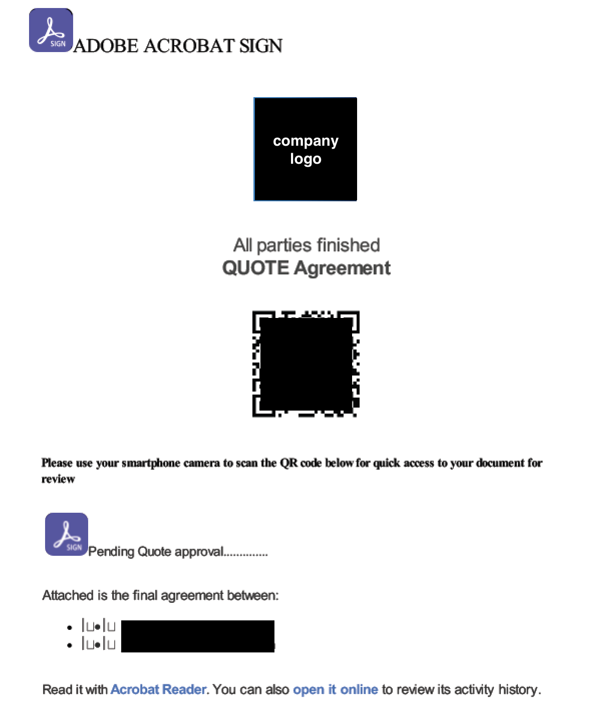 Image displaying an Adobe Acrobat Sign logo with text reading 'All parties finished' and QUOTE AGREEMENT. Below is a black QR code for scanning, accompanied by text about using a smartphone to access document review and a note on pending quote approval. Some information is redacted.