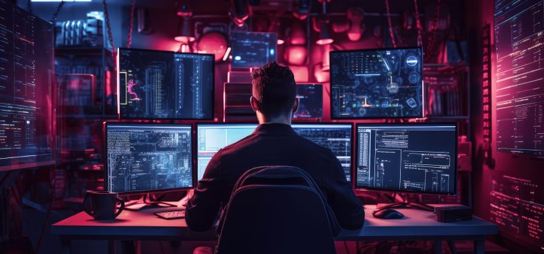 Pictorial representation of Gremlin Stealer. Person sitting at a desk with multiple computer monitors displaying various data, in a dimly-lit room with ambient red lighting.