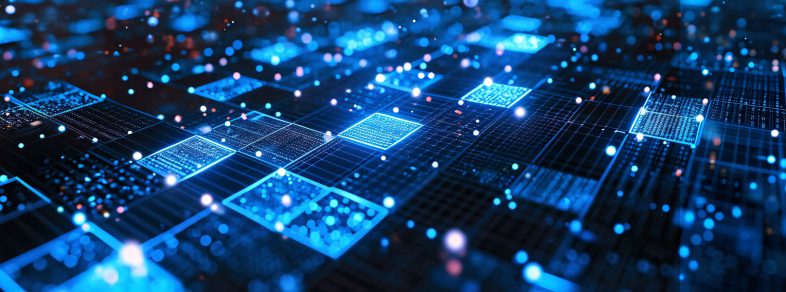 Pictorial representation of agentic AI. Abstract image of a digital network with glowing blue and red nodes on a grid, representing high-tech data communication.