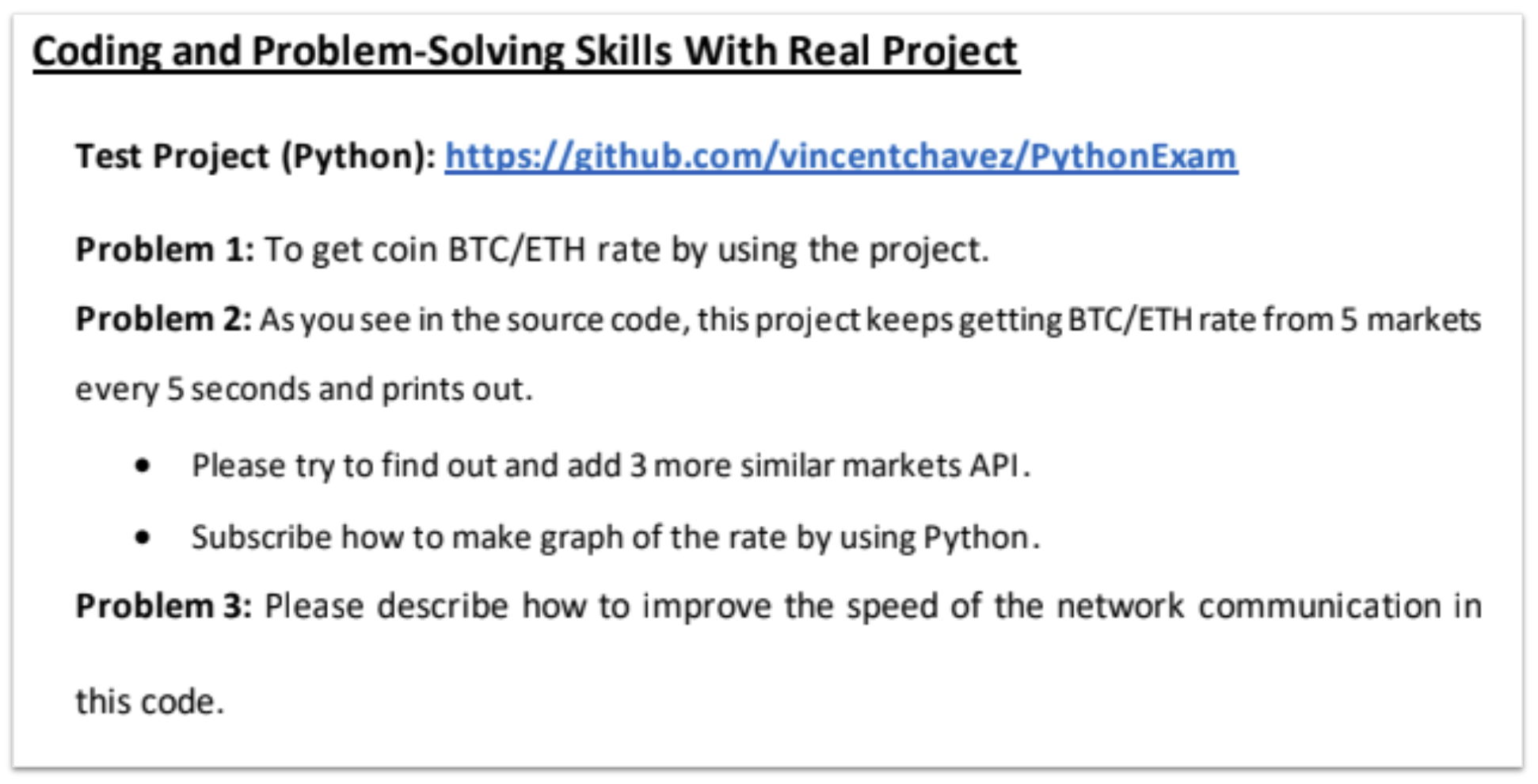 Screenshot of a document titled "Coding and Problem-Solving Skills With Real Project." It includes a link to a GitHub repository and outlines a coding task involving Bitcoin and Ethereum exchange rates from API sources. The text requests enhancements to the project by adding more market APIs and improving the network communication in the code.