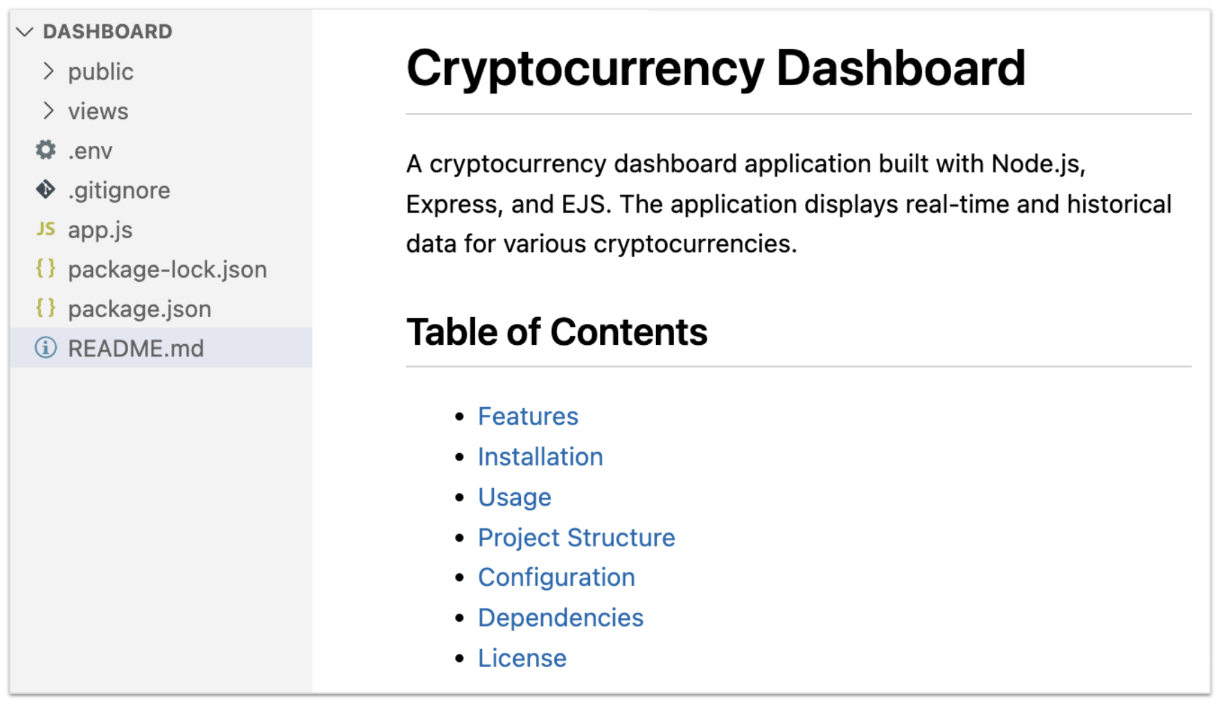 Screenshot of a GitHub repository named "Cryptocurrency Dashboard," featuring a README.md file displayed. This README includes sections: Features, Installation, Usage, Project Structure, Configuration, Dependencies, and License. It describes the project as an application built with Node.js, Express, and EJS that displays real-time and historical data for various cryptocurrencies.