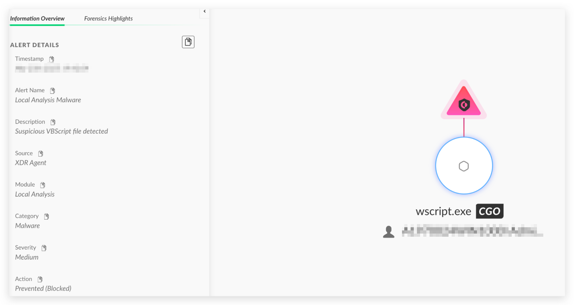 Screenshot of Cortex XDR, a cybersecurity alert interface displaying details of a potential malware threat, identified as "XOR Agent" from "wscript.exe", with an alert level marked as medium and status as prevented or blocked.