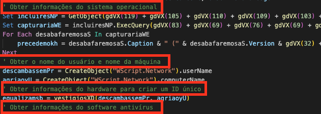 A screenshot of code in a text editor with syntax highlighting. The code contains various commands and functions written in Portuguese, related to system, hardware, and software information retrieval. Four lines are highlighted in red boxes to indicate where the Portuguese is.