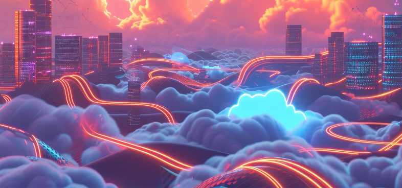 Pictorial representation of ELF-based malware like NoodleRAT, Winnti, SSHdInjector, Pygmy Goat and AcidPour. Vibrant futuristic cityscape with glowing neon lines, clouds, and a dramatic sky at twilight.
