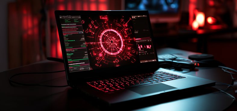 Pictorial representation of Blitz malware. A laptop on a desk displays complex digital graphics, with a red and black color scheme, illuminated by ambient red lighting in a dark room.