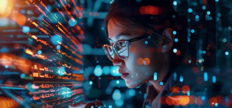 Pictorial representation of serverless tokens in the cloud. East Asian woman examining data on multiple screens in a high-tech environment, surrounded by digital graphics and code.
